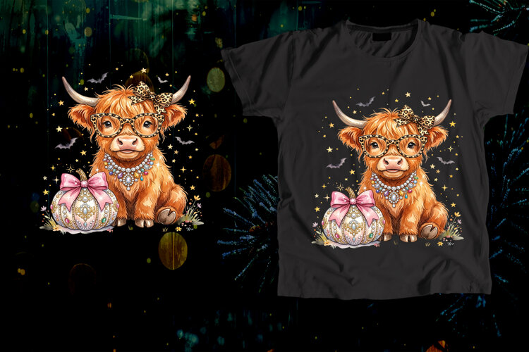 Highland Cow Leopard Glasses Pearls Halloween Art example image 1