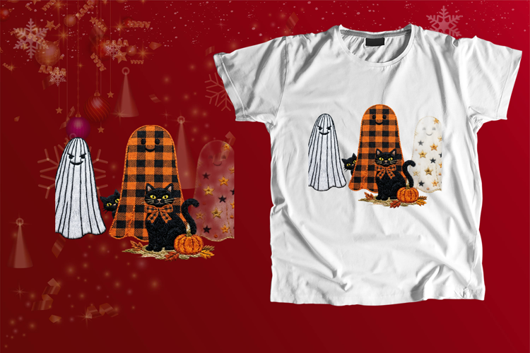 Embroidered Ghost Black Cat Plaid Halloween PNG
