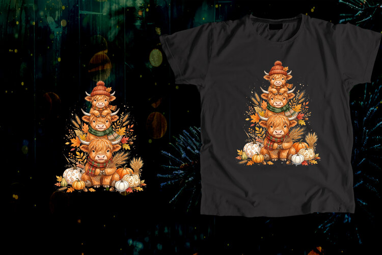 Stacked Highland Cows Fall Pumpkin Harvest Art example image 1