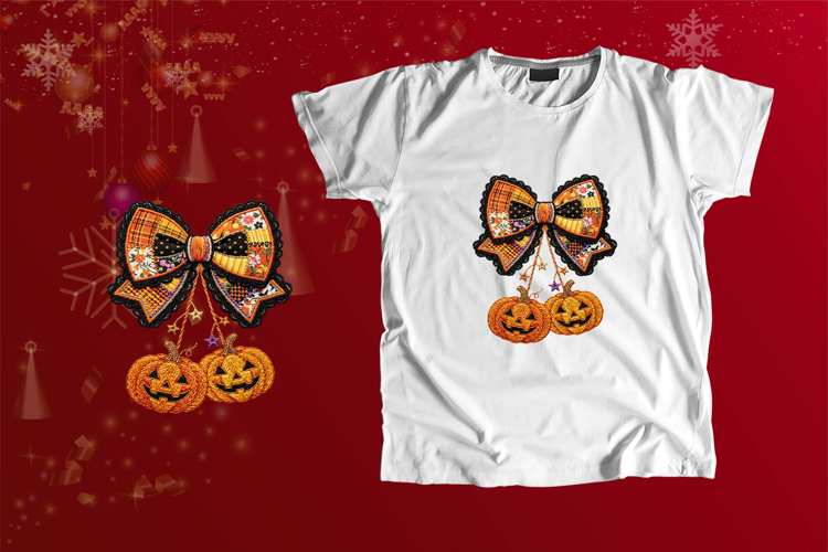 Embroidered Halloween Patchwork Bow Pumpkin PNG Clipart
