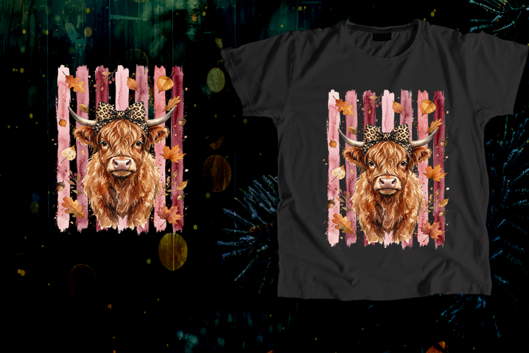 Highland Cow Leopard Bow Pink Stripe Fall Art