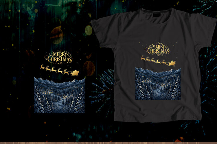 Gold Santa Sleigh Merry Christmas Night Art example image 1