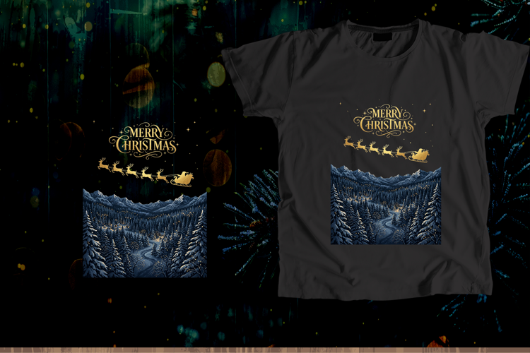 Gold Santa Sleigh Merry Christmas Night Art