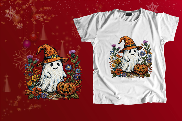 Embroidered Ghost Witch Hat Pumpkin Floral PNG