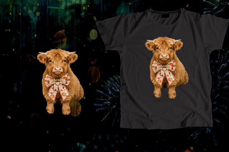 Fluffy Highland Cow Fall Pumpkin Bow Art example image 1