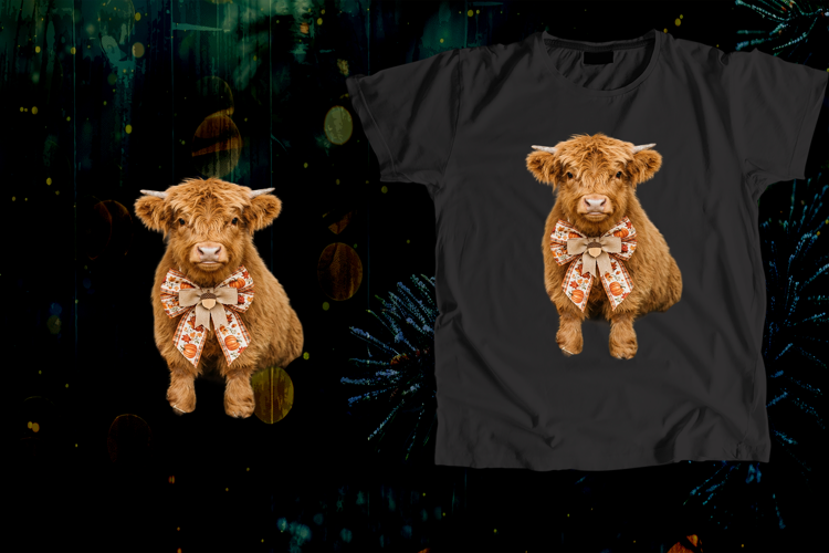 Fluffy Highland Cow Fall Pumpkin Bow Art