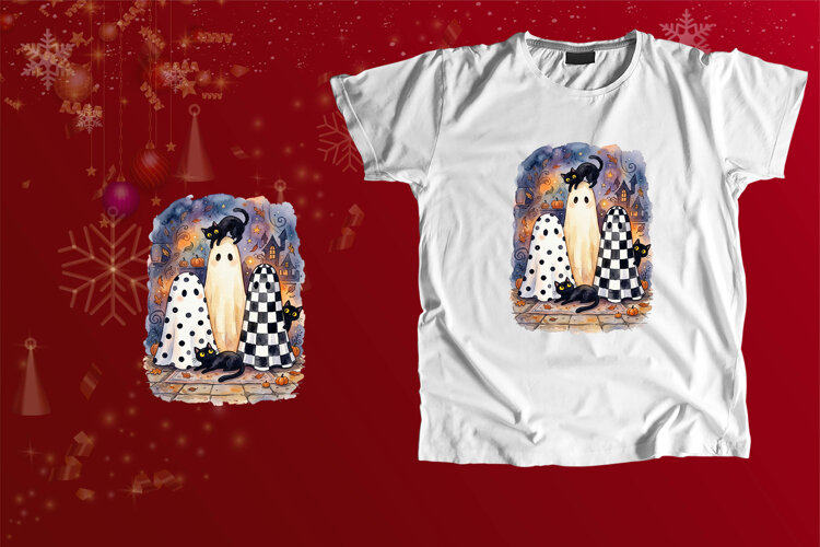 Watercolor Ghost Trio Black Cats Halloween PNG example image 1