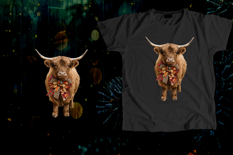 Fluffy Highland Cow Fall Plaid Leopard Bow Art