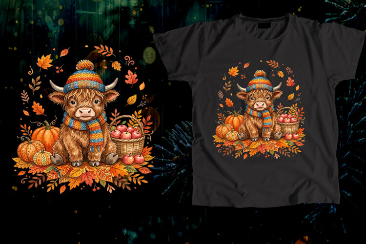 Two Baby Highland Cows Sunflower Pumpkin Cart Art example image 1