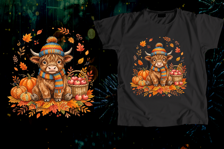 Two Baby Highland Cows Sunflower Pumpkin Cart Art