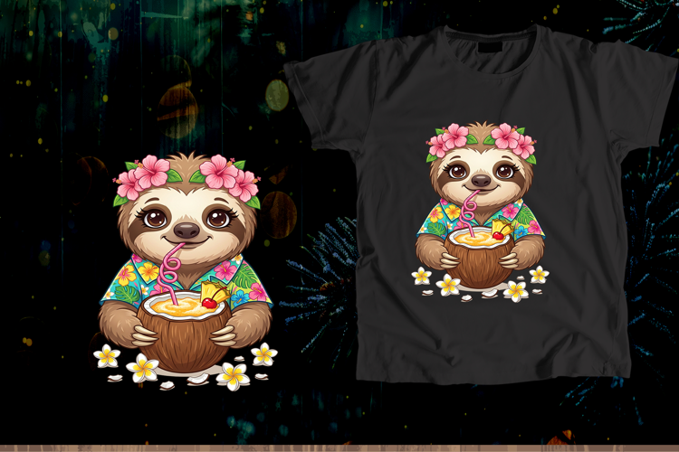Cute Baby Sloth Drinking Tropical Coconut Cocktail PNG