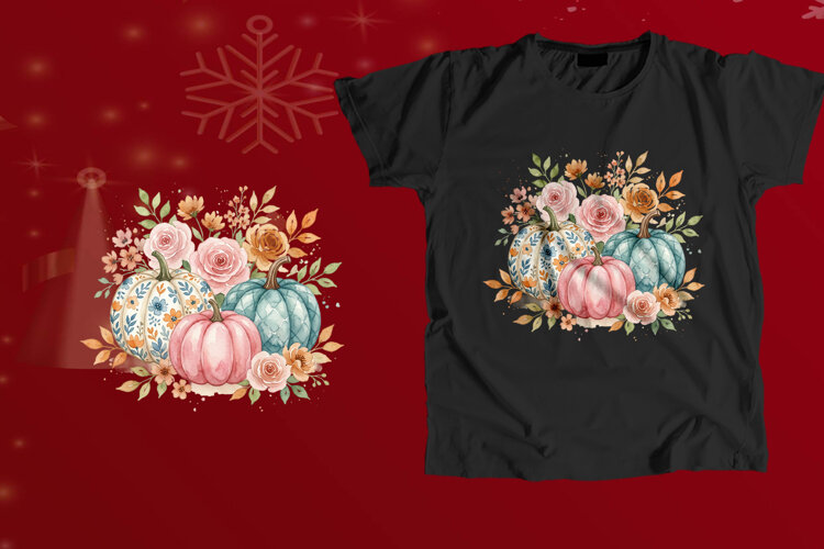 Watercolor Pastel Floral Pumpkin Bouquet PNG example image 1