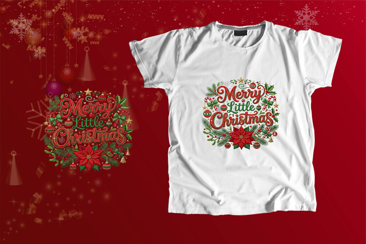 Embroidered Merry Little Christmas Poinsettia PNG example image 1