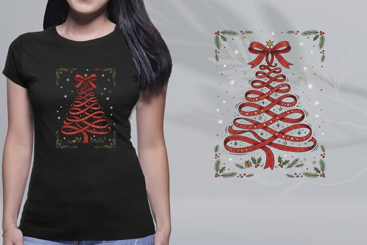 Retro Hand Drawn Red Ribbon Bow Christmas Tree PNG example image 1