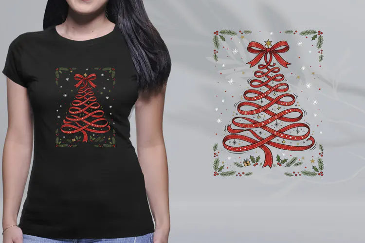 Retro Hand Drawn Red Ribbon Bow Christmas Tree PNG