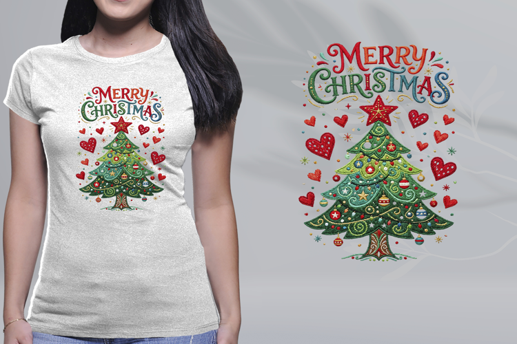 Embroidered Merry Christmas Tree Folk Art PNG