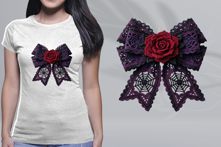 Crochet Gothic Rose Spiderweb Lace Purple Bow PNG