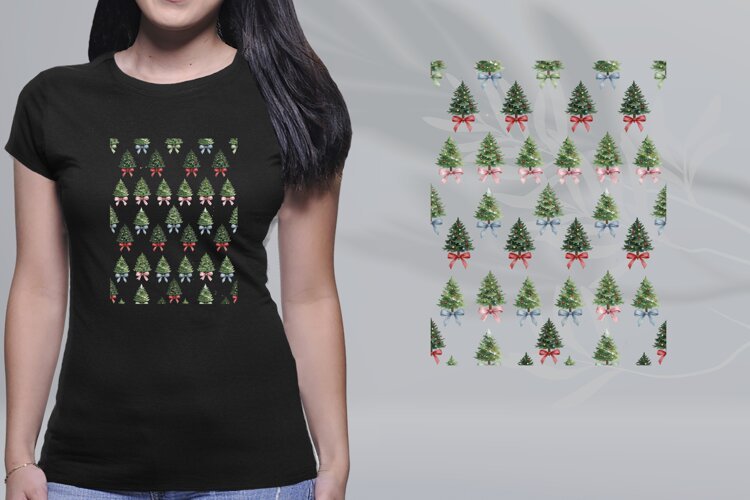 Watercolor Mini Christmas Tree Bow Pattern Sublimation PNG example image 1