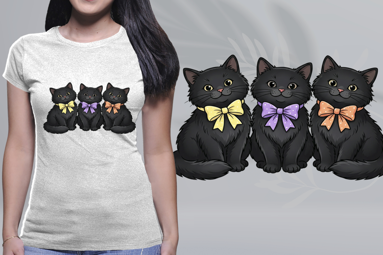 Cute Three Black Cats Pastel Bows Halloween PNG