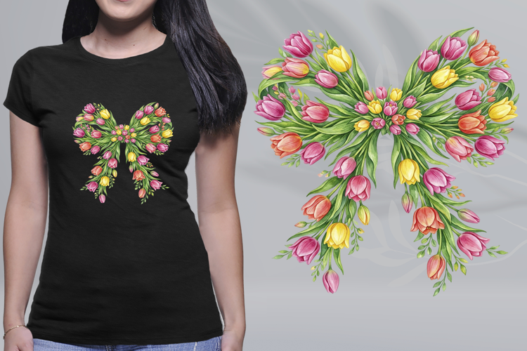 Watercolor Spring Tulip Ribbon Bow Coquette PNG