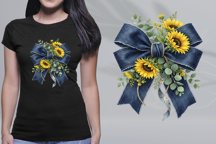 Rustic Denim Sunflower Bow Coquette PNG