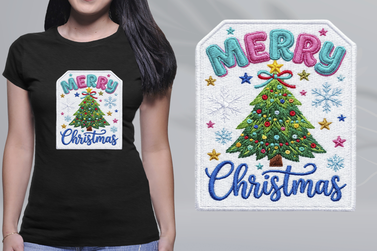 Embroidered Merry Christmas Tree Patch PNG