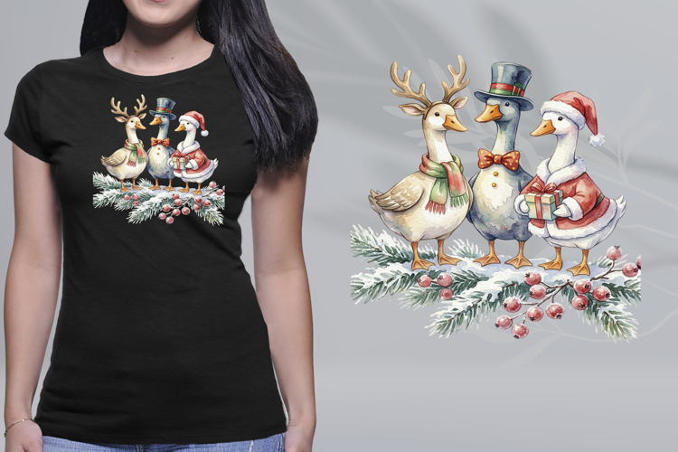 Watercolor Christmas Geese Present Reindeer PNG