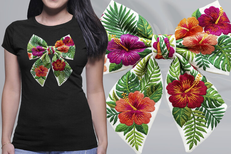 Embroidered Tropical Hibiscus Bow Coquette PNG example image 1