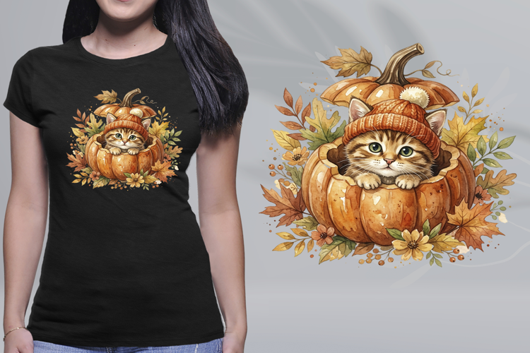 Watercolor Kitten in Pumpkin Autumn Beanie PNG