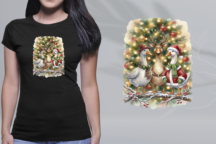 Watercolor Christmas Geese Tree Backdrop PNG