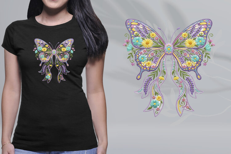 Embroidered Pastel Floral Butterfly Ribbon Bow PNG example image 1
