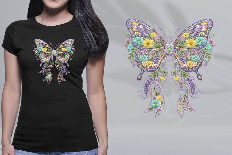 Embroidered Pastel Floral Butterfly Ribbon Bow PNG