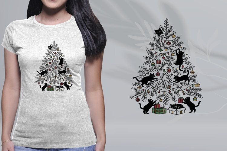 Minimalist Christmas Tree Black Cats Line Art PNG example image 1