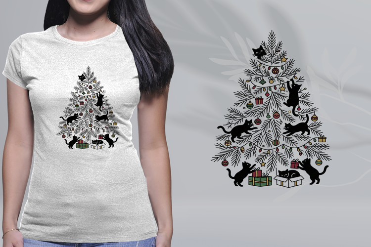 Minimalist Christmas Tree Black Cats Line Art PNG
