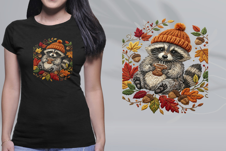 Embroidered Autumn Raccoon Coffee Beanie PNG