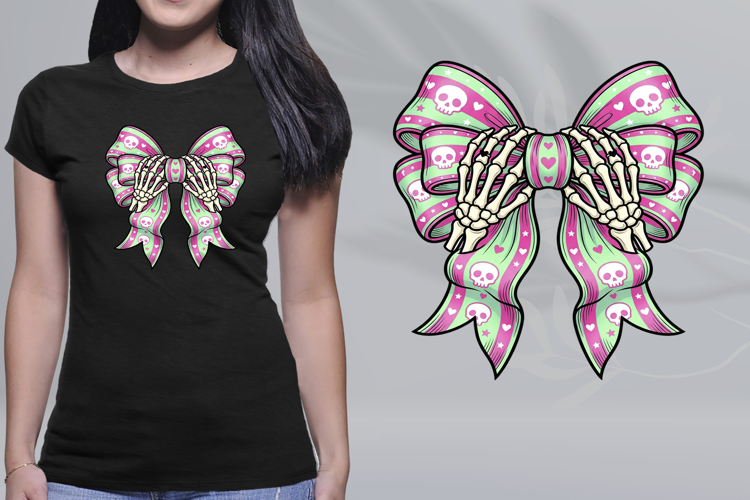 Pastel Goth Skeleton Hands Pink Green Skull Bow PNG