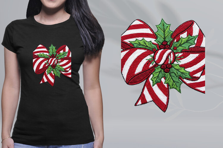 Embroidered Peppermint Ribbon Bow Holly Berries Christmas PN example image 1