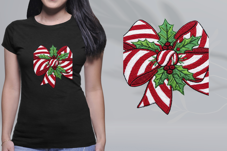 Embroidered Peppermint Ribbon Bow Holly Berries Christmas PN