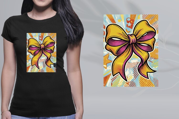 Pop Art Yellow Pink Ribbon Bow PNG Retro Comic Sublimation example image 1