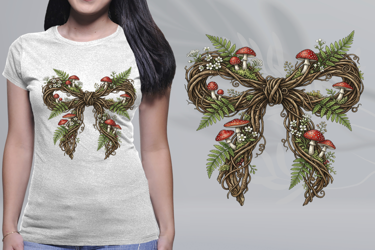 Cottagecore Mushroom Vine Bow Botanical PNG