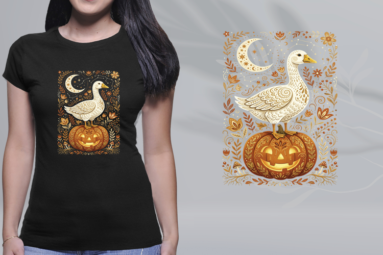 Folk Art Goose Pumpkin Celestial Halloween PNG