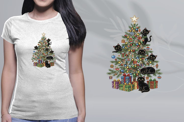 Embroidered Black Cats Christmas Tree Graphic PNG