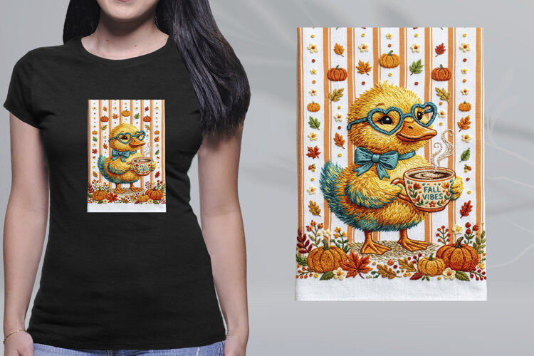 Embroidered Autumn Duck Fall Vibes Coffee PNG example image 1