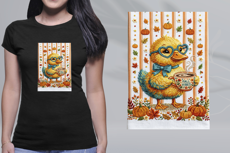 Embroidered Autumn Duck Fall Vibes Coffee PNG