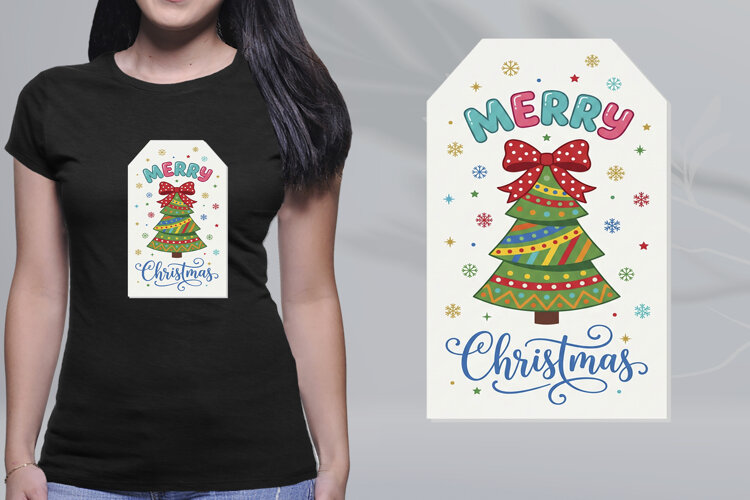 Retro Merry Christmas Tree Tag Gift Label PNG example image 1