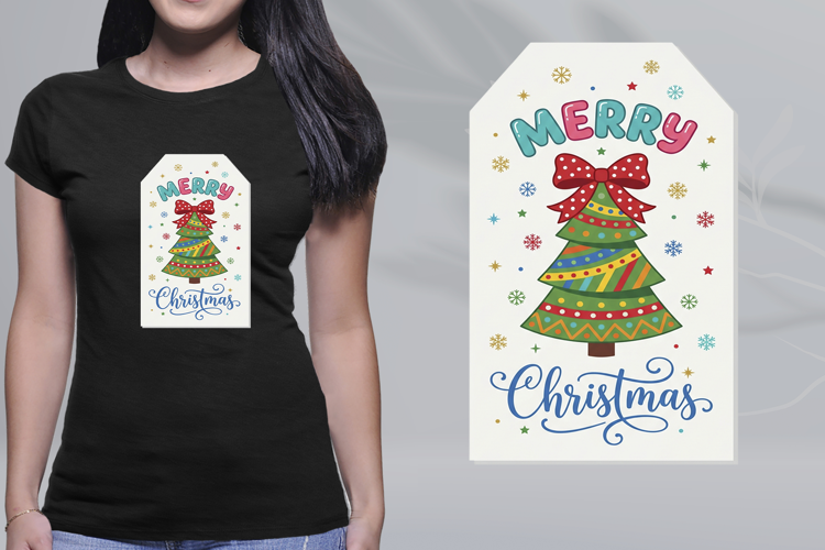 Retro Merry Christmas Tree Tag Gift Label PNG