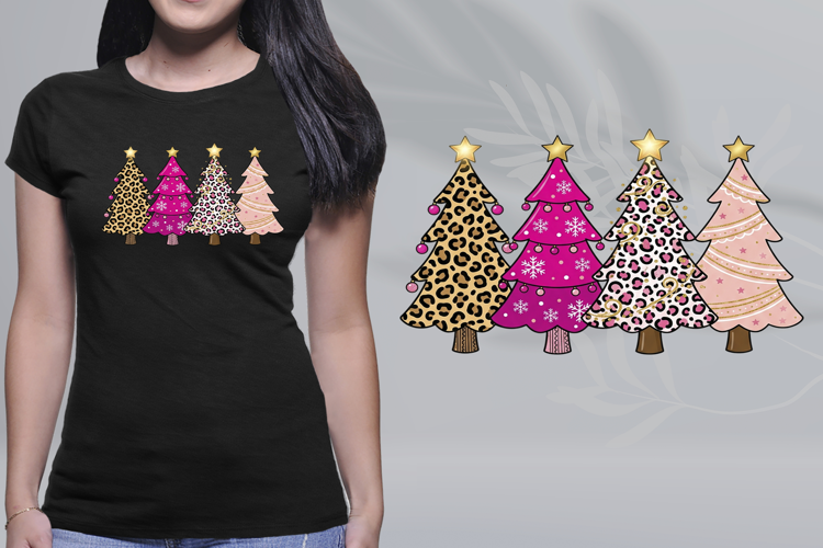 Pink Leopard Christmas Trees Gold Stars PNG