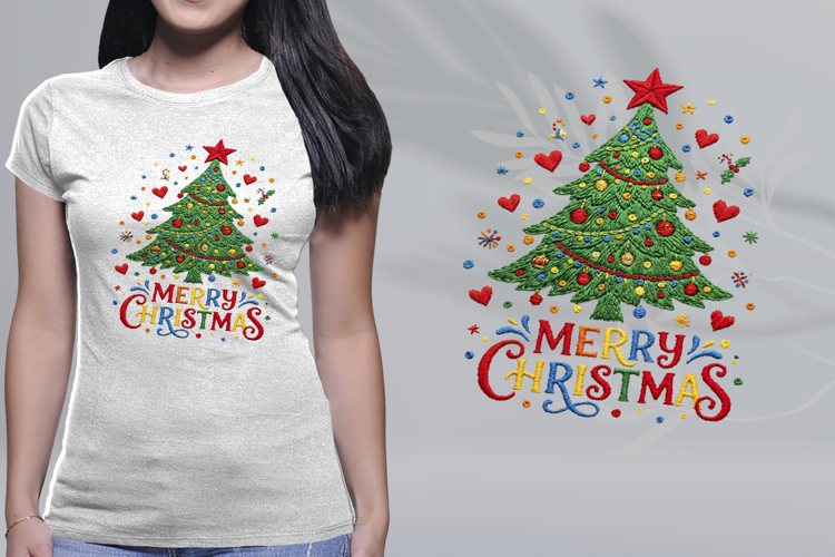 Embroidered Merry Christmas Tree Colorful Hearts PNG