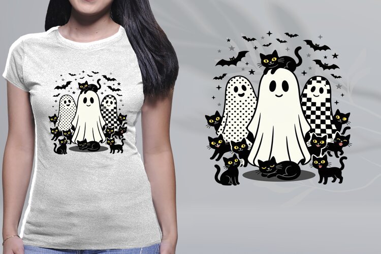 Cute Ghost Black Cat Halloween Shirt PNG Sublimation example image 1