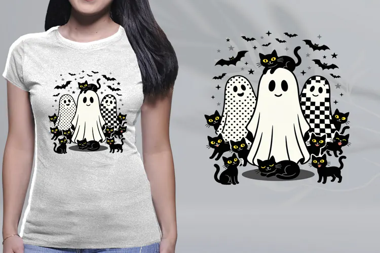 Cute Ghost Black Cat Halloween Shirt PNG Sublimation